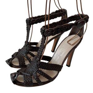 Yves Saint Laurent Dark Brown Braided Leather T-Strap Heels